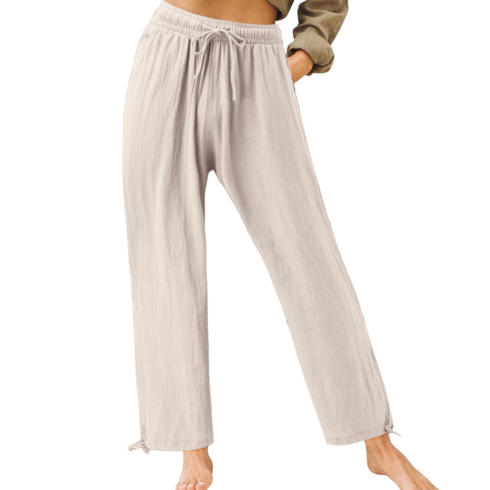 thumbnail image 3 of Pantalones holgados de algodón para mujer: pantalones de cintura alta con cordón, 90 % algodón/10 % poliéster, trabajo/ocio, todas las estaciones, 3 of 8